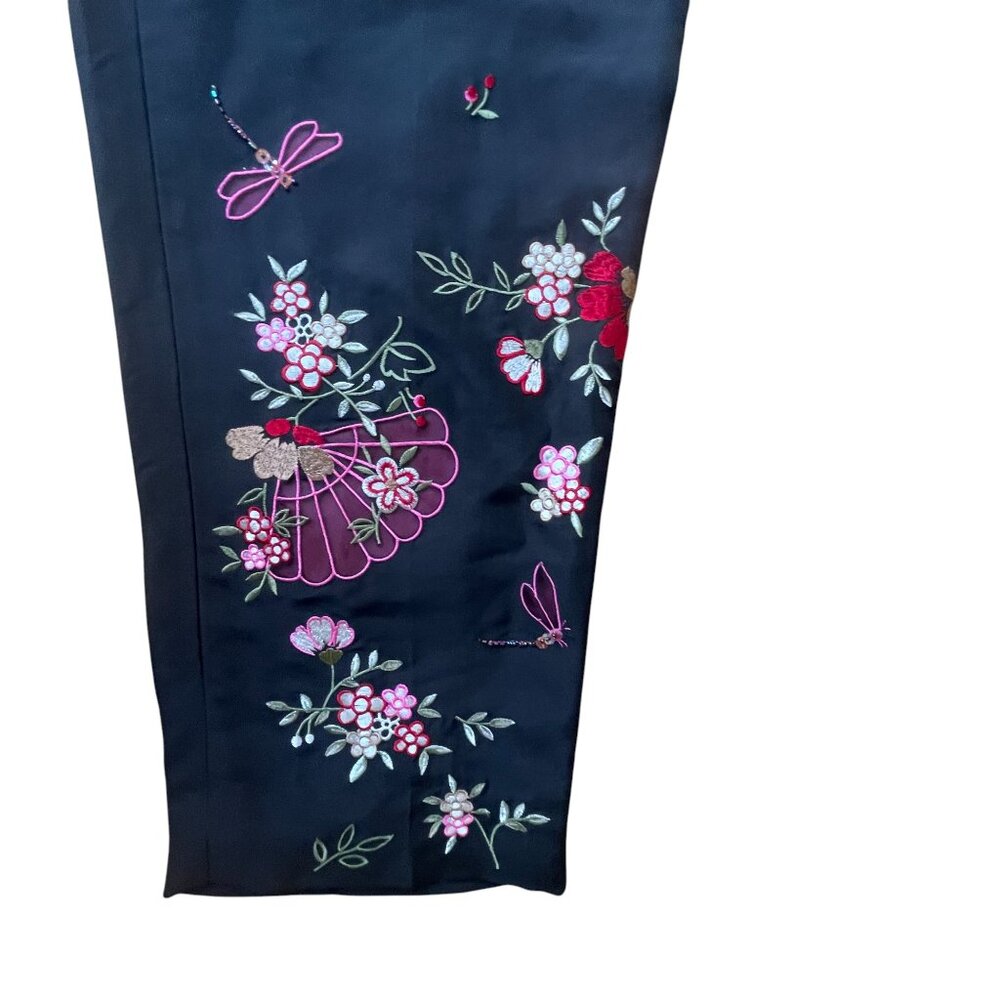 Vintage Depeche Mode Black Embroidered Satin Pants – Floral Fan & Dragonfly Stat - Picture 4 of 10